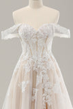 White A Line Off The Shoulder Appliques Lace Corset Wedding Dress with Slit