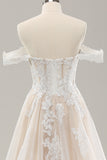White A Line Off The Shoulder Appliques Lace Corset Wedding Dress with Slit