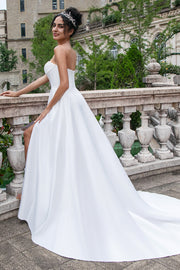 White A Line Sweep Train Strapless Pleated Corset Long Wedding Dress With Split