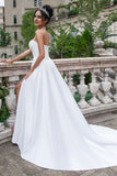 Elegant White A Line Sweep Train Strapless Pleated Corset Wedding Dress With Split