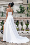 Elegant White A Line Sweep Train Strapless Pleated Corset Wedding Dress With Split