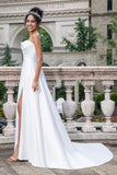 Elegant White A Line Sweep Train Strapless Pleated Corset Wedding Dress With Split