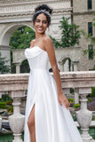 Elegant White A Line Sweep Train Strapless Pleated Corset Wedding Dress With Split