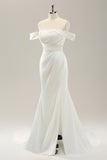 Mermaid Off The Shoulder Pleated Sweep Train Wedding Dress with Slit