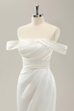 Mermaid Off The Shoulder Pleated Sweep Train Wedding Dress with Slit