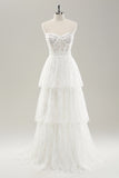 White A Line Sweetheart Corset Tiered Long Wedding Dress with Appliques Lace