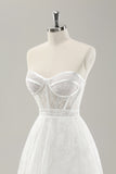 White A Line Sweetheart Corset Tiered Long Wedding Dress with Appliques Lace