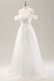 White A Line Off The Shoulder Corset Wedding Dress with Lace Up Back