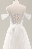 White A Line Off The Shoulder Corset Wedding Dress with Lace Up Back