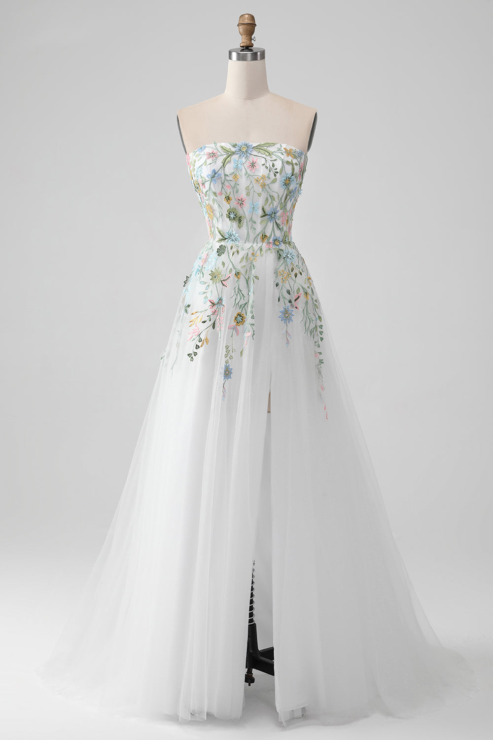 Wedtrend Women White Tulle Wedding Dress With Embroidery A Line Strapless Front Slit Corset Bridal Dress WEDTREND Wedtrend Women White Tulle Wedding Dress With Embroidery A Line Strapless Front Slit Corset Bridal Dress WEDTREND