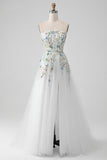 White A Line Strapless Front Slit Tulle Corset Wedding Dress With Embroidery