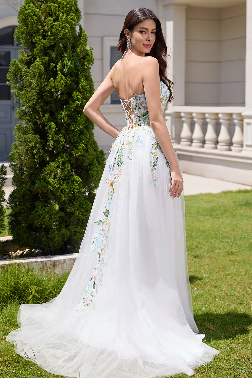 Wedtrend Women White Tulle Wedding Dress With Embroidery A Line Strapless Front Slit Corset Bridal Dress WEDTREND Wedtrend Women White Tulle Wedding Dress With Embroidery A Line Strapless Front Slit Corset Bridal Dress WEDTREND