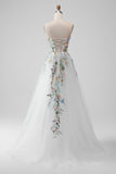 White A Line Strapless Front Slit Tulle Corset Wedding Dress With Embroidery