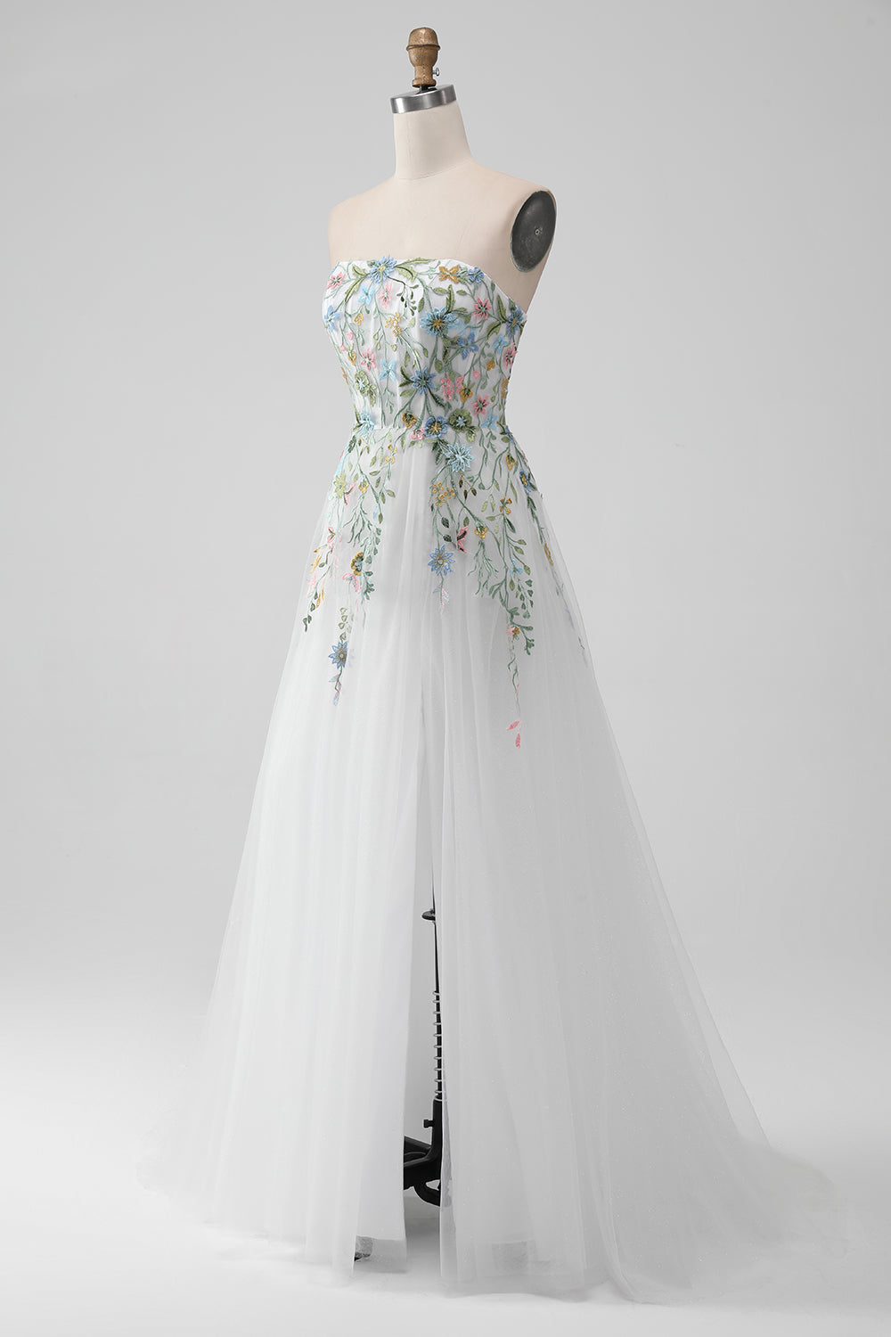 Wedtrend Women White Tulle Wedding Dress with Embroidery A Line Strapless Front Slit Corset Bridal Dress, White / US14 Wedtrend Women White Tulle Wedding Dress with Embroidery A Line Strapless Front Slit Corset Bridal Dress, White / US14