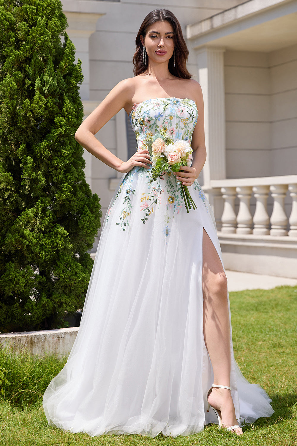 Wedtrend Women White Tulle Wedding Dress With Embroidery A Line Strapless Front Slit Corset Bridal Dress WEDTREND Wedtrend Women White Tulle Wedding Dress With Embroidery A Line Strapless Front Slit Corset Bridal Dress WEDTREND