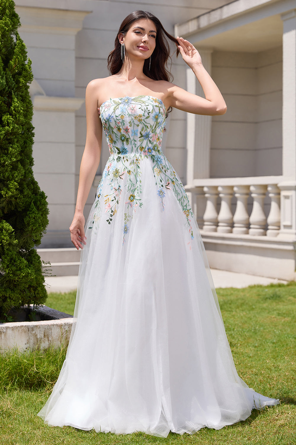 Wedtrend Women White Tulle Wedding Dress With Embroidery A Line Strapless Front Slit Corset Bridal Dress WEDTREND Wedtrend Women White Tulle Wedding Dress With Embroidery A Line Strapless Front Slit Corset Bridal Dress WEDTREND
