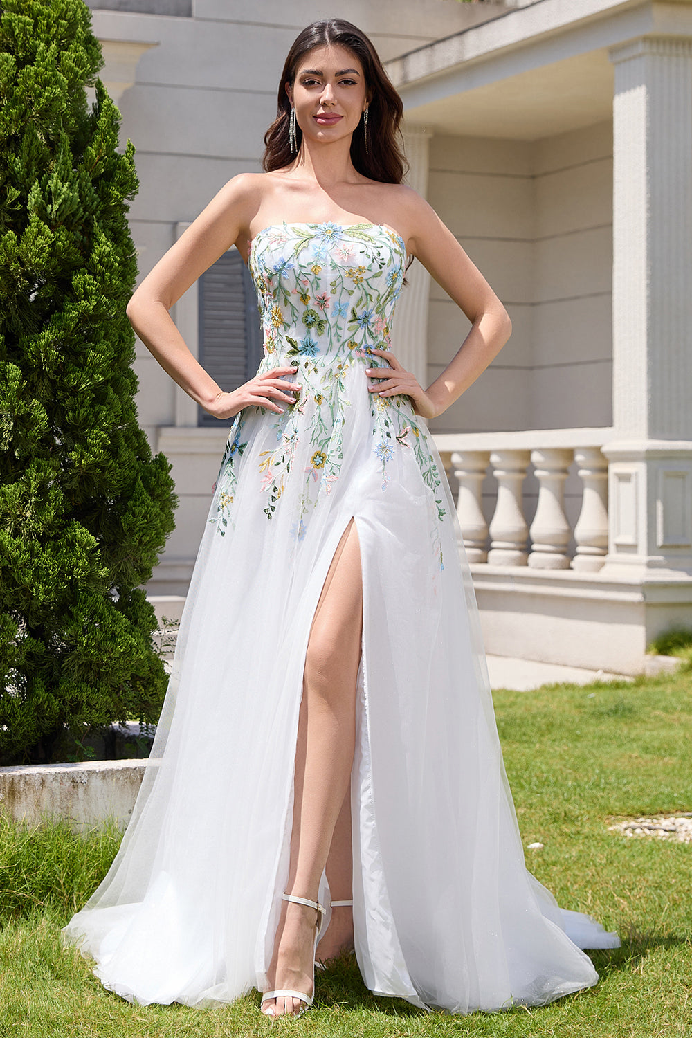 Wedtrend Women White Tulle Wedding Dress With Embroidery A Line Strapless Front Slit Corset Bridal Dress WEDTREND Wedtrend Women White Tulle Wedding Dress With Embroidery A Line Strapless Front Slit Corset Bridal Dress WEDTREND