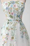 White A Line Strapless Front Slit Tulle Corset Wedding Dress With Embroidery