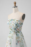 White A Line Strapless Front Slit Tulle Corset Wedding Dress With Embroidery