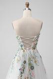 White A Line Strapless Front Slit Tulle Corset Wedding Dress With Embroidery