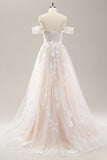 White A Line Off The Shoulder Corset Wedding Dress with Appliques Lace