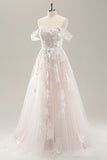 White A Line Off The Shoulder Corset Wedding Dress with Appliques Lace