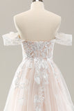 White A Line Off The Shoulder Corset Wedding Dress with Appliques Lace