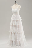 White A Line Spaghetti Straps Corset Tiered Lace Long Wedding Dress