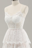 White A Line Spaghetti Straps Corset Tiered Lace Long Wedding Dress