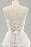 White A Line Spaghetti Straps Corset Tiered Lace Long Wedding Dress