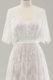 White A Line V Neck Corset Lace Long Wedding Dress with Cape Sleeves