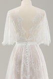 White A Line V Neck Corset Lace Long Wedding Dress with Cape Sleeves