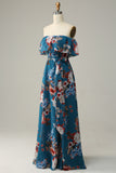 Dark Blue A Line Off The Shoulder Print Chiffon Long Bridesmaid Dress