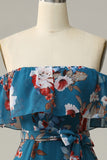 Dark Blue A Line Off The Shoulder Print Chiffon Long Bridesmaid Dress