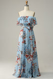 Dark Blue A Line Off The Shoulder Print Chiffon Long Bridesmaid Dress