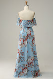 Dark Blue A Line Off The Shoulder Print Chiffon Long Bridesmaid Dress