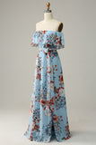 Dark Blue A Line Off The Shoulder Print Chiffon Long Bridesmaid Dress