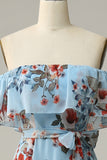 Dark Blue A Line Off The Shoulder Print Chiffon Long Bridesmaid Dress