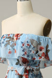 Dark Blue A Line Off The Shoulder Print Chiffon Long Bridesmaid Dress
