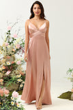 Blush A Line Spaghetti Straps Bright Satin Bridesmaid Dress with Slit