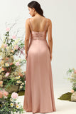 Blush A Line Spaghetti Straps Pleated Long Satin Bridesmaid Dress with Slit