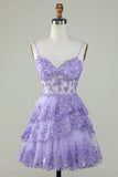 Cute Pink A Line Spaghetti Straps Sparkly Sequin Tiered Corset Short Homecoming Dress