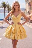 Pink Ruched Spaghetti Straps A Line Short Homecoming Dress with Lace Up Back