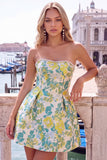 Pink Floral Jacquard Strapless A Line Homecoming Dress with Pearls