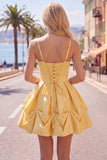 Pink Ruched Spaghetti Straps A Line Short Homecoming Dress with Lace Up Back