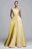 Pink A-Line One Shoulder Ruched Long Formal Dress