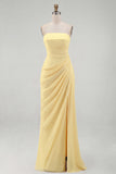 Light Pink Strapless Ruched Sheath Long Prom Dress with Slit