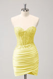Glitter Fuchsia Tight Sweetheart Corset Short Pleated Homecoming Dress with Beading
