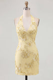 Light Blue Halter Bodycon Floral Short Homecoming Dress