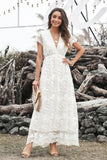 White Lace A Line V-Neck Long Holiday Dress With Short Sleeves